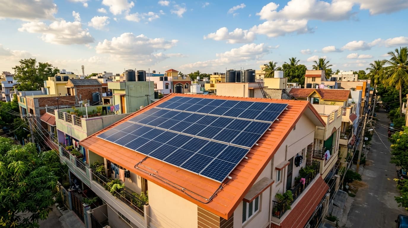 Solar panels on residential rooftop in Uttar Pradesh